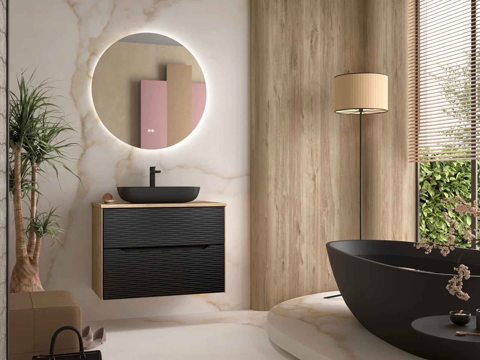 Salle de bain rénovée, finition chêne